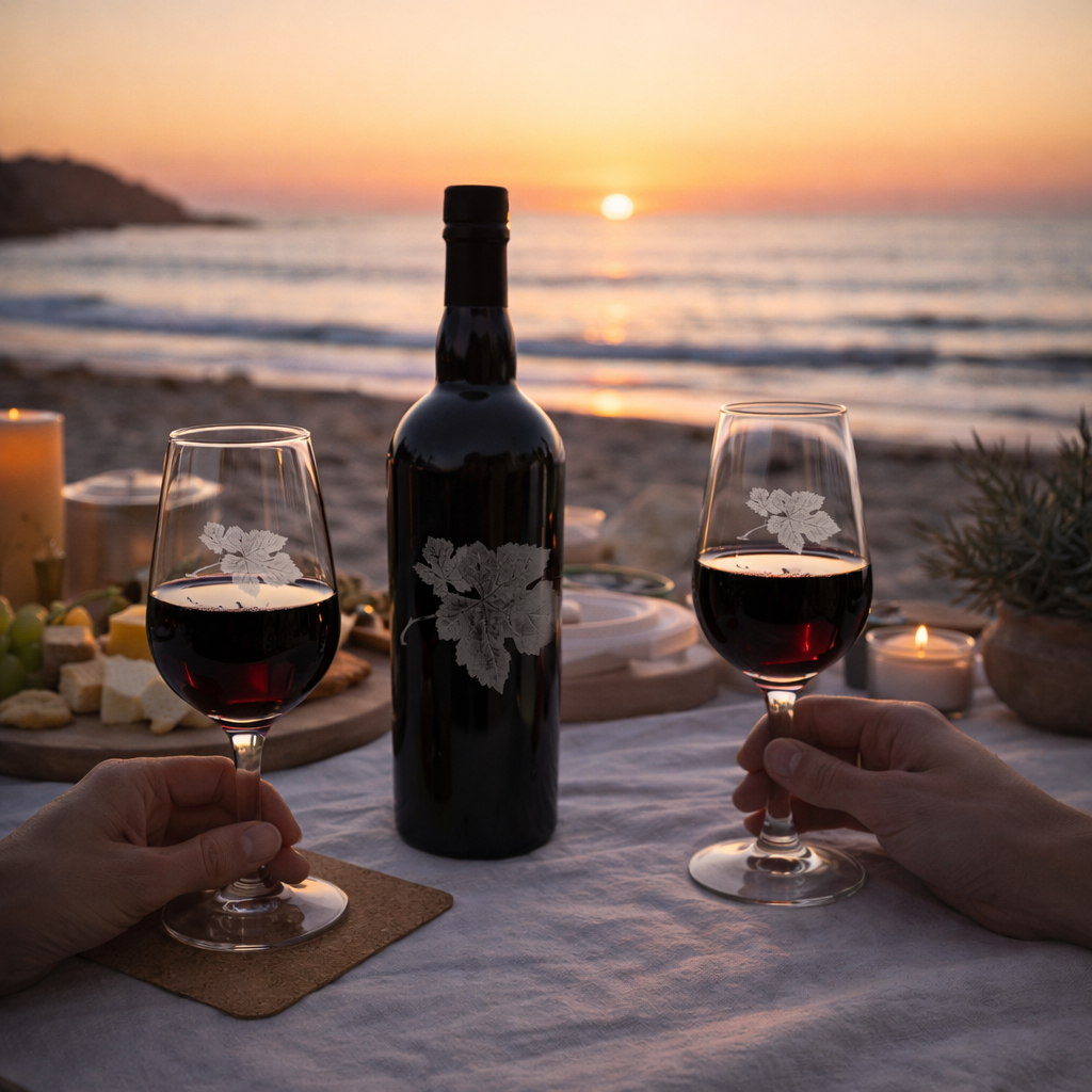 Two glasses of Tawny aged port with a bottle on a beach at sunset.